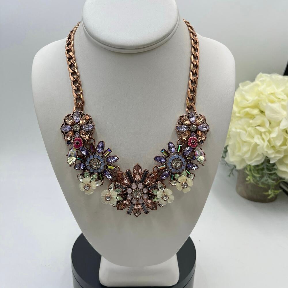 Joan Rivers Enamel Rhinestones Pink Purple Language of Flowers Copper Necklace